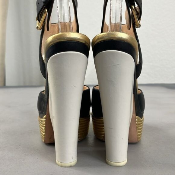 Giuseppe Zanotti Gold Black Leather Peep Toe Platform Sandals Pumps - Picture 4 of 11